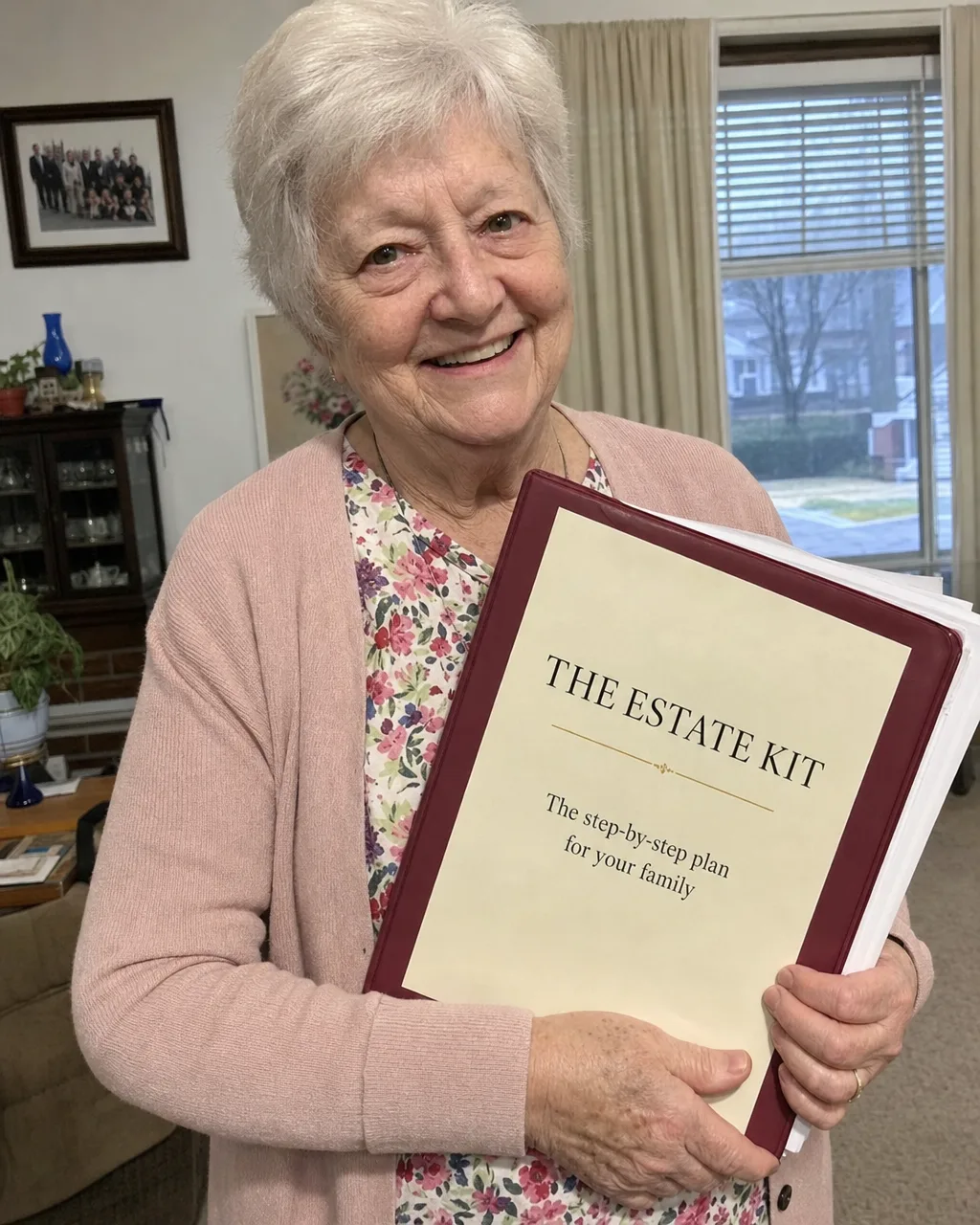 A woman holding her completed Estate Kit