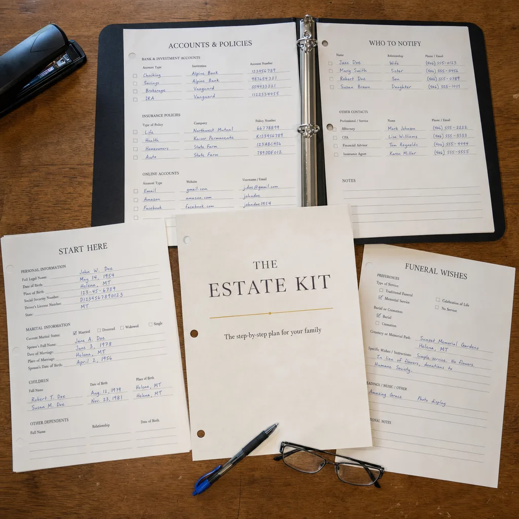 The Estate Kit open in a binder — the plan and the fill-in records