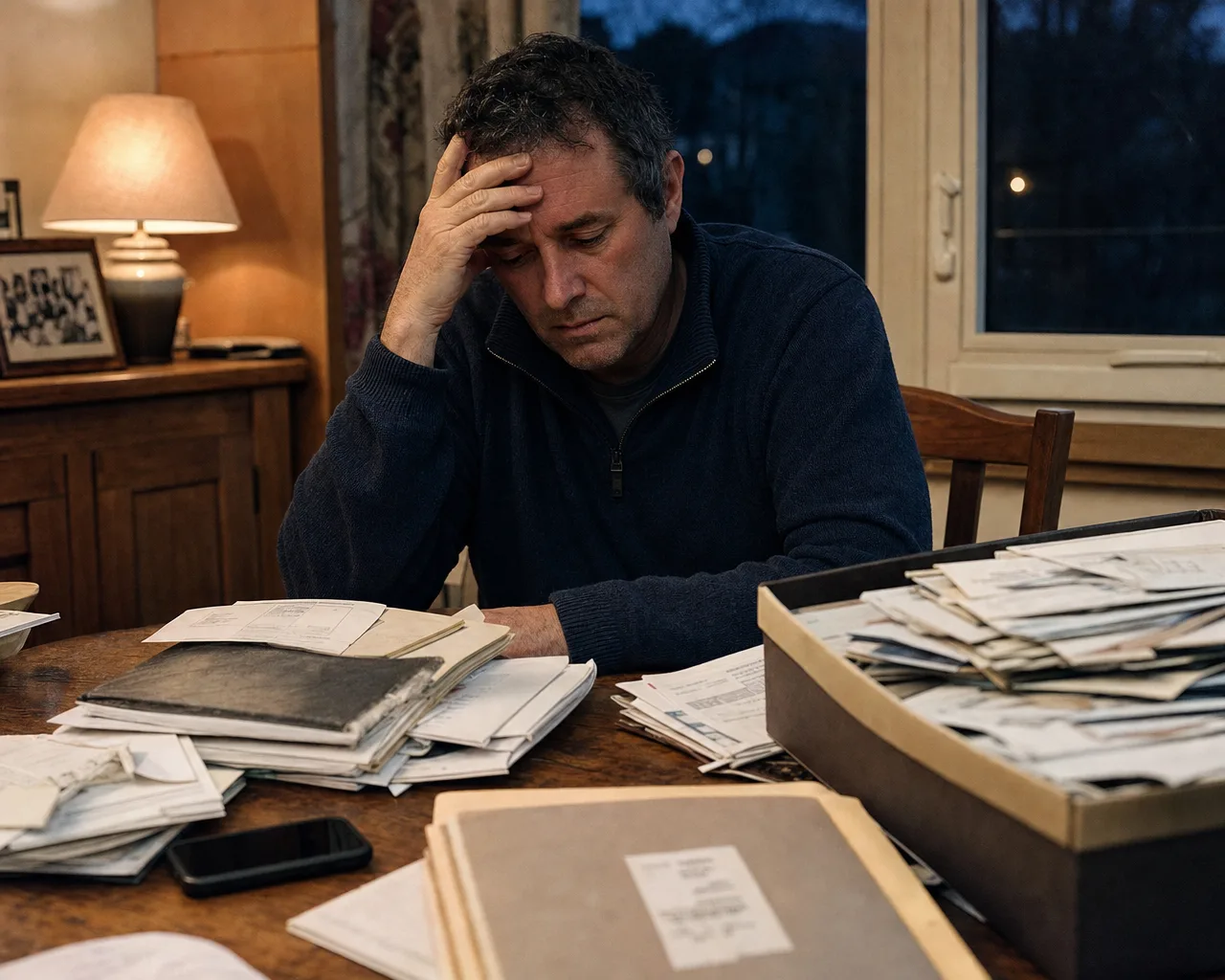 An adult son surrounded by his late parent’s paperwork, unsure where to begin