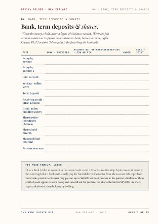 Family Folder sheet 04, bank accounts, term deposits and shares